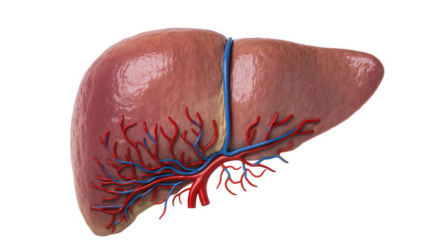 Anatomical human liver with branching red arteries and blue veins, isolated on transparent background for medical use