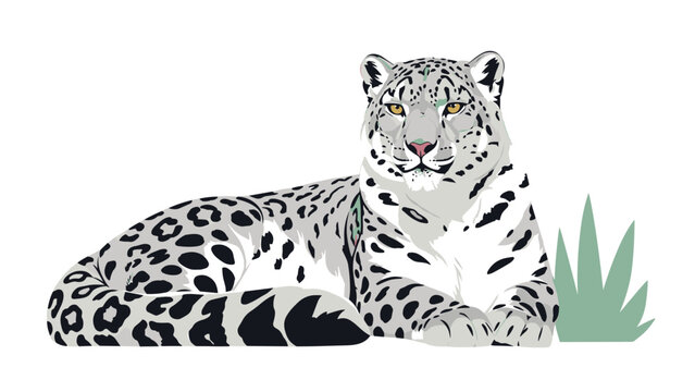 Majestic snow leopard with beautiful spotted fur lies on the ground next to green grass in a calm and powerful wildlife pose.