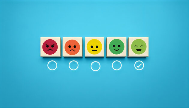 Customer feedback scale with five emoticons from angry to happy on blue background