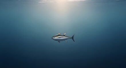 Fototapeta premium Tuna swimming underwater in ocean with sunlight