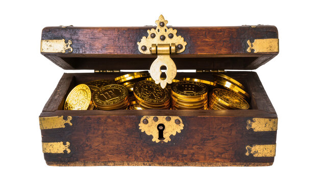 Dark wood treasure chest with brass hardware filled with shiny gold coins, isolated on transparent background