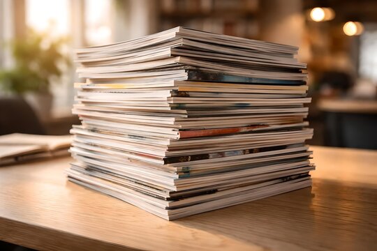 Stack of magazines on wooden table, pile of journals in cozy library, paper publications for reading and education