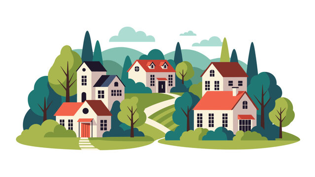 Beautiful flat landscape illustration of a peaceful rural village with cozy houses, green trees, and rolling hills under a cloudy sky.