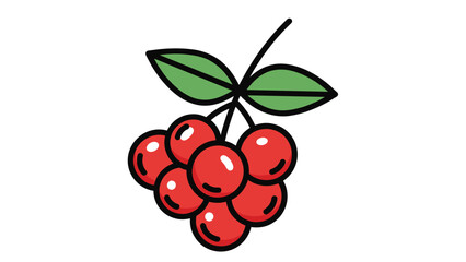 Obraz premium Small cluster of bright red berries hanging from a single green branch with two leaves on a clean white background.
