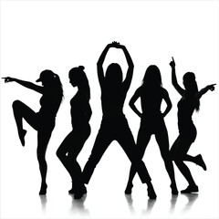 Fototapeta premium Black silhouettes of a dancing group featuring fashion models and elegant ladies posing in a disco party vector illustration
