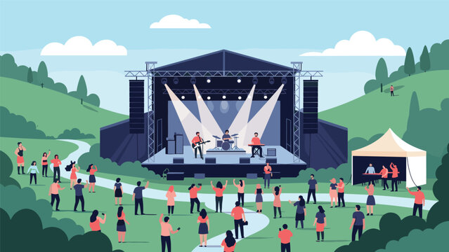 Large crowd of people enjoys a live performance by a band on a stage at an outdoor music festival in a green valley.