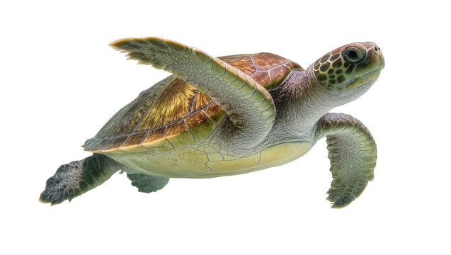 Graceful green sea turtle with mottled brown-green carapace swimming, isolated on transparent background