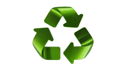 Obraz premium Glossy vibrant green three-dimensional recycling symbol with reflective surface, isolated on transparent background for environmental concepts