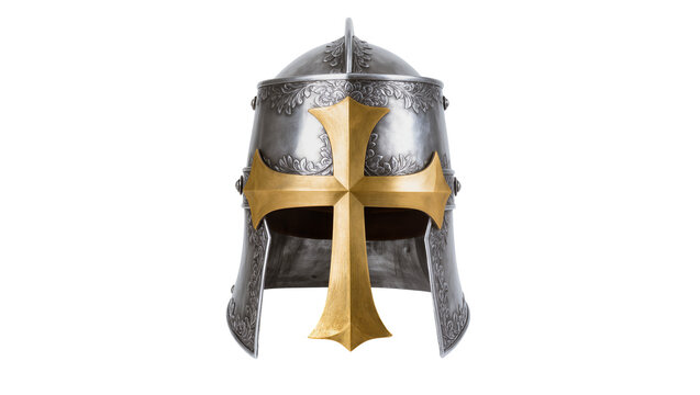 Ornate silver medieval knight helmet featuring a golden Templar cross, isolated on transparent background for historical use