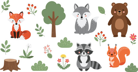 Fototapeta premium Cute woodland animals set with fox wolf bear raccoon and forest elements cartoon vector illustration collection