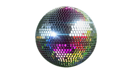 Shiny metallic disco ball reflecting vibrant multicolored light with a bright lens flare, isolated on transparent background for festive event designs