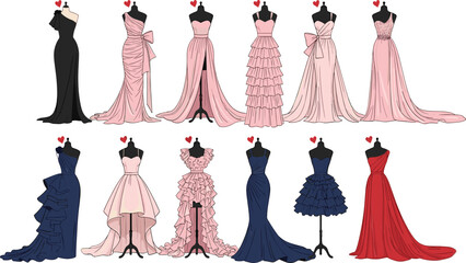 Fototapeta premium Elegant Evening Gown Dresses Collection Fashion Luxury Formal Wear with Ruffles Bows and Long Train Vector Illustration Set