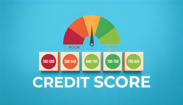 Credit Score Meter and Rating Blocks on Blue Background with CREDIT SCORET text