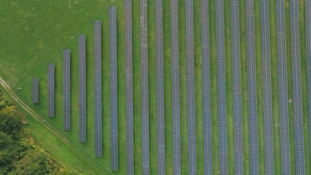 Rows of solar panels cover green grass in an aerial view showing clean energy design.