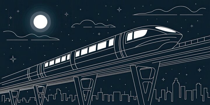 Monorail train traveling through a city at night under a full moon with clouds and stars