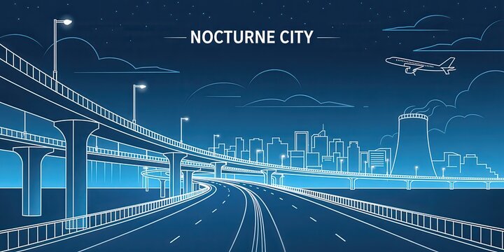 Nocturne cityscape with highway bridges and airplane flying overhead at night