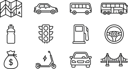Transport line icon set vector car bus map fuel traffic steering scooter bridge navigation outline travel collection design © Rubel