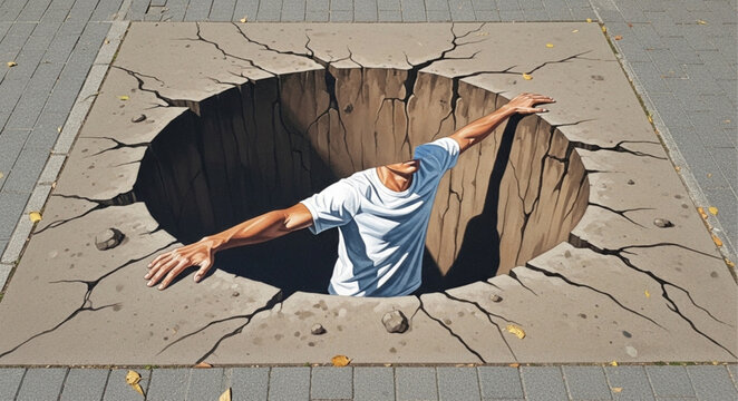 Man falling into street hole.