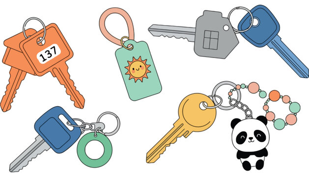 A set of colorful key illustrations with various keychains attached