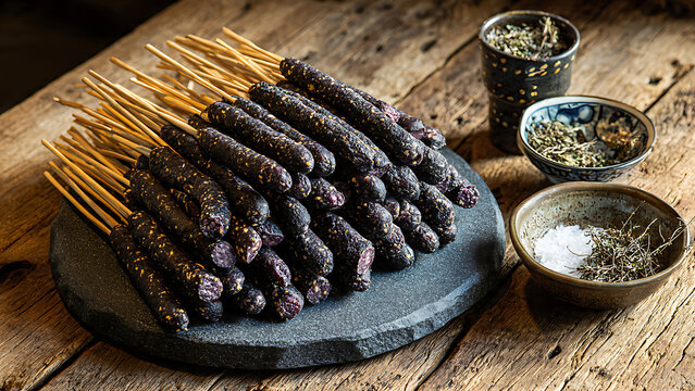 Top-Down Stack of Abundant Hungarian V&eacute;res Hurka Blood Sausages - Glistening Pork Fat - Rustic Skewers Parit Yaani Wooden Table
