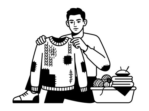 Man darning sweater with sewing kit and yarn for mending