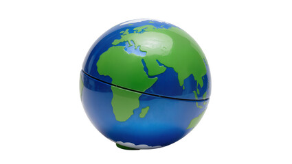 Obraz premium Compact blue green plastic Earth globe continents and oceans depicted, isolated on transparent background for global themes