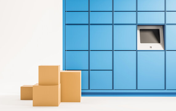 Blue parcel locker wall with cardboard boxes in minimal interior design style on light background, concept of delivery logistics, 3D Rendering