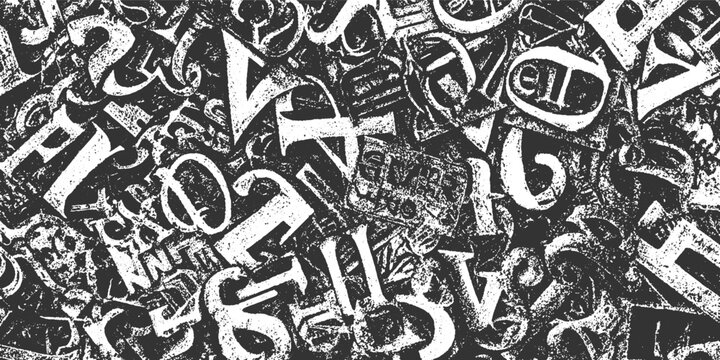 Chaotic jumble of distressed white gothic alphabet letters on a dark textured background font typography