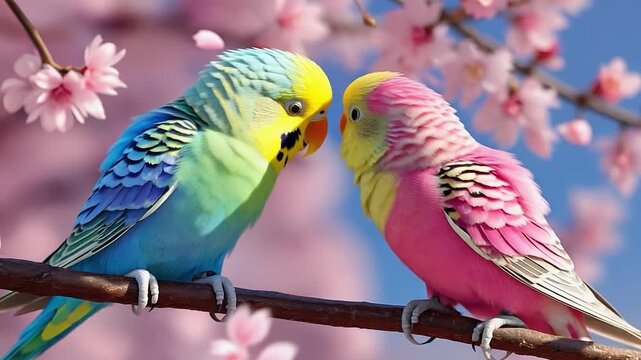 A video clip featuring vibrant budgerigars perched on a branch, interacting playfully among blooming cherry blossoms. The scene is bright and cheerful, showcasing their lively behavior.
