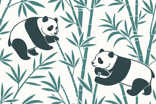 Two adorable giant pandas resting among a lush green bamboo forest in a stylized pattern design.