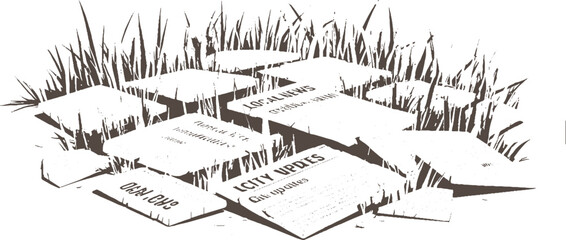 Fototapeta premium Scattered newspapers with headlines about local news and city updates lying in the grass