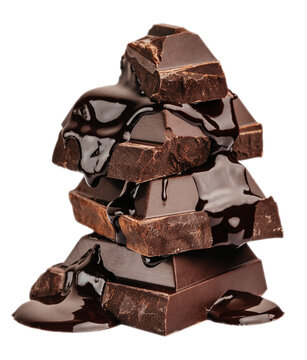 Stacked dark chocolate pieces covered with glossy chocolate sauce and isolated background. Rich texture