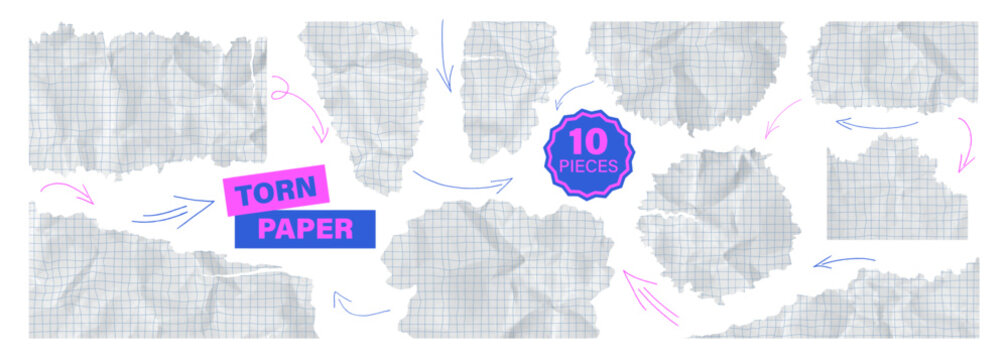 Paper square lined collection of torn ripped rip and grid notebook white sheet. Set bundle kit of wrinkled leaf piece graph for collage. Craft math cardboard with folded crumpled school note and arrow