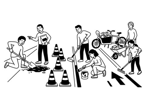 Community road repair neighbors patching potholes together