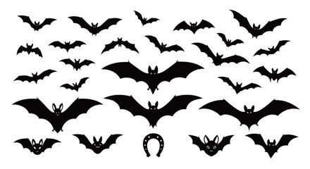 Fototapeta premium Black Bat Silhouettes Collection Flying for Spooky Halloween Decorations and Horror Graphic Design Assets