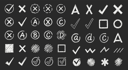 White Chalk Hand-Drawn Symbols and Checkmarks Set on Chalkboard Background for Education Grading and Business Checklist Design Projects © charlotte