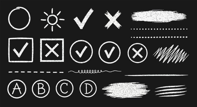 Hand-drawn white chalk elements and symbols on black chalkboard background for education and business checklists.