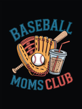 A vibrant graphic featuring a baseball glove bat and drink designed for t ball moms club on transparent background high-quality.