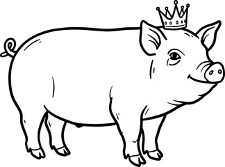 Fototapeta premium Cartoon Pig Wearing Crown in Black and White Illustration