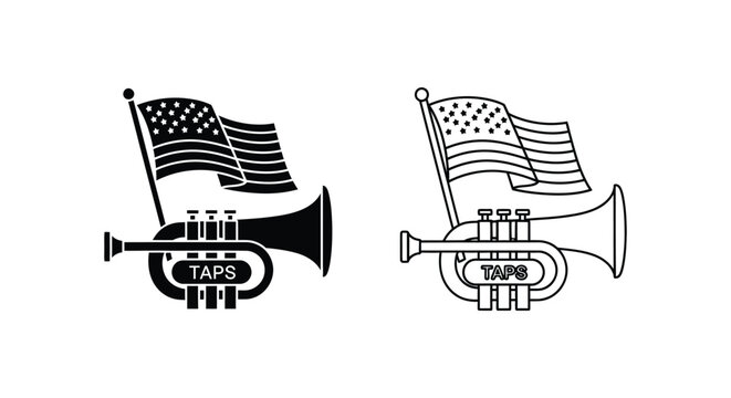 Military bugle with American flag vector icons, Taps trumpet silhouette for memorial day, patriotic brass instrument set