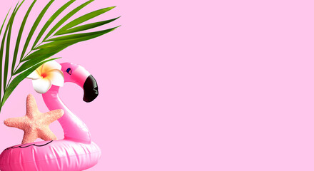 Fototapeta premium Summer tropical background with copy space for a text, pink flamingo with palm leaves