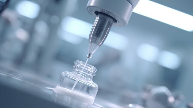 Automated sterile liquid dispensing into a small glass vial in a high-tech laboratory setting