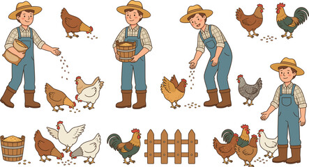 Young Farmer Feeding Chickens and Roosters Vector Illustration Set with Hen House Elements, Grain Buckets, and Wooden Fence for Agricultural Education and Farming Designs © Yousuf