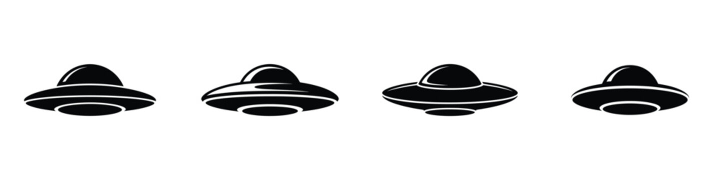 Black Silhouette UFO Icon Set &ndash; Flying Saucer Vector Collection, Alien Spaceship Symbols, Futuristic Spacecraft Illustrations for Science Fiction and Space-Themed Designs