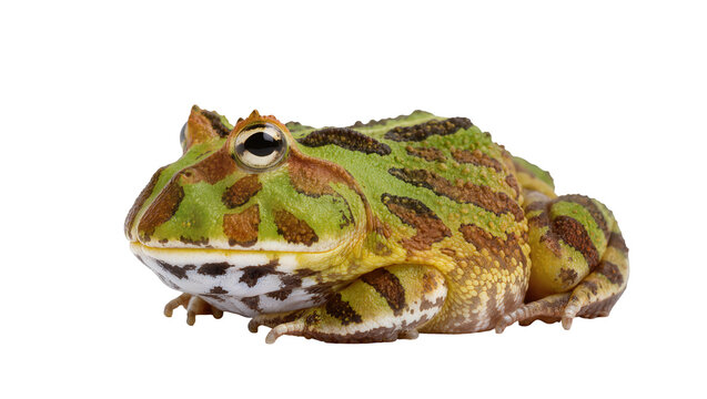 Vivid green-brown-yellow Pacman frog textured, isolated on transparent background for exotic pet and amphibian use