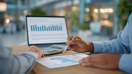 Fototapeta premium Therapist and client reviewing budget spreadsheets together in calming counseling office with tissues and financial documents creating safe space for money stress discussion during afternoon session