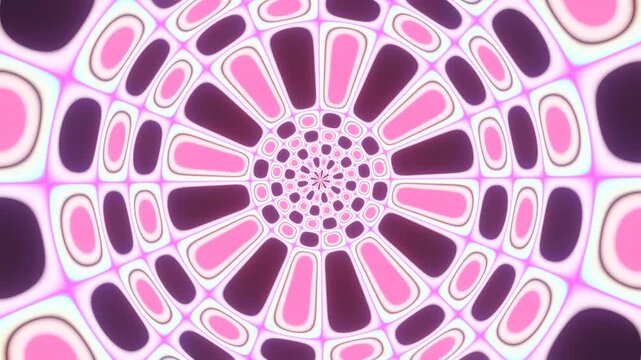 Abstract kaleidoscopic background with a symmetrical pink and purple pattern creating a hypnotic and psychedelic visual effect, ideal for vj loops, music videos, and motion graphics