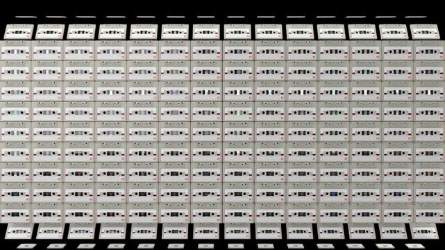 Retro White Audio Cassette Flat Lay Grind Transition with Alpha Channel vertical two sides wipe.