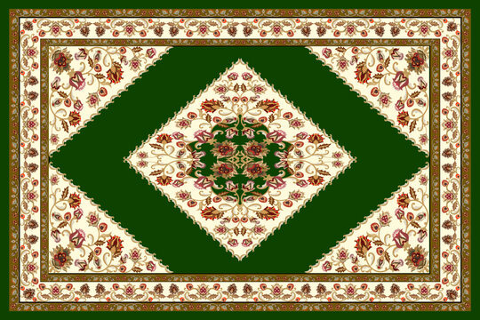 Luxury Persian Carpet Pattern with Floral Medallion and Ornate Gold Border on Dark Blue Background