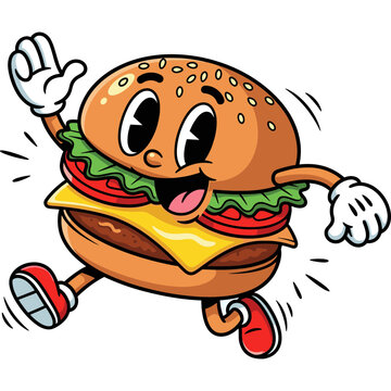 A cheerful cartoon hamburger character running happily outdoors with enthusiasm.